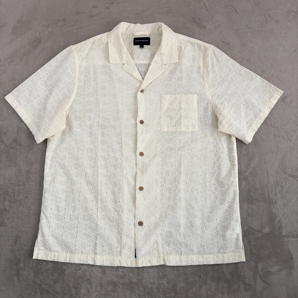 Lucky Brand Embroidered Motif Loop Collar Shirt in Ivory Men Large Short Sleeve